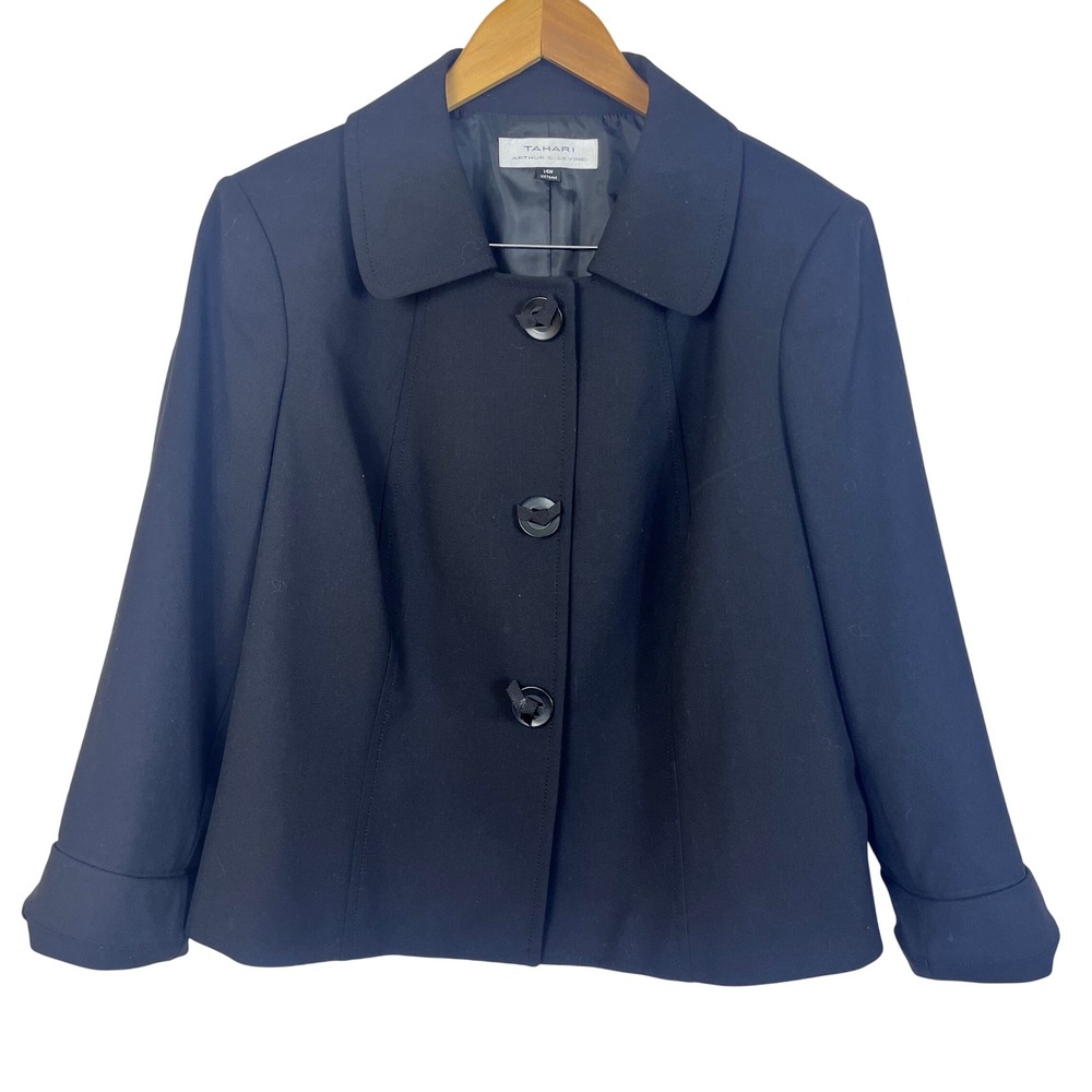 Tahari Black Blazer 3/4 Sleeves Collar Button Front Jacket Career 14W (I678)